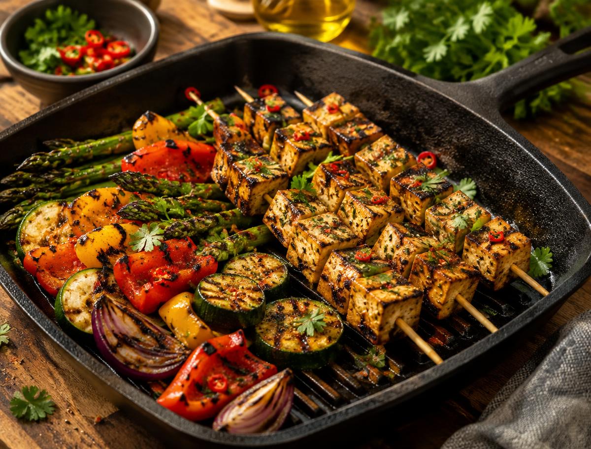 Grilled marinated tofu skewers and vegetables in a cast iron pan